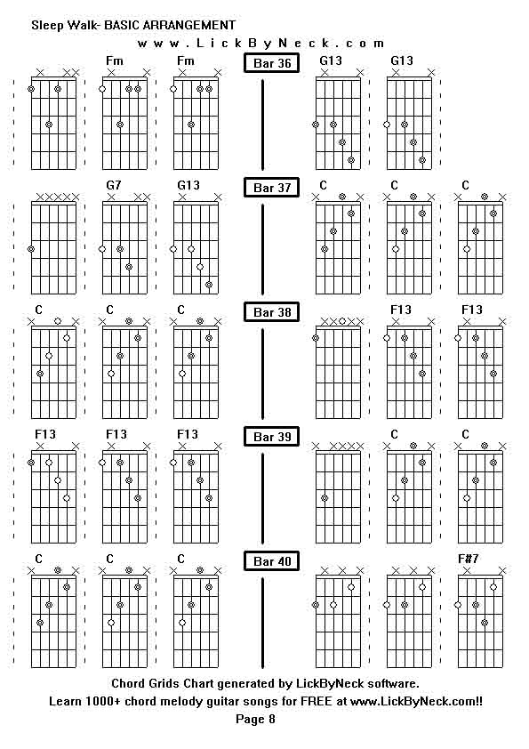 Chord Grids Chart of chord melody fingerstyle guitar song-Sleep Walk- BASIC ARRANGEMENT,generated by LickByNeck software.